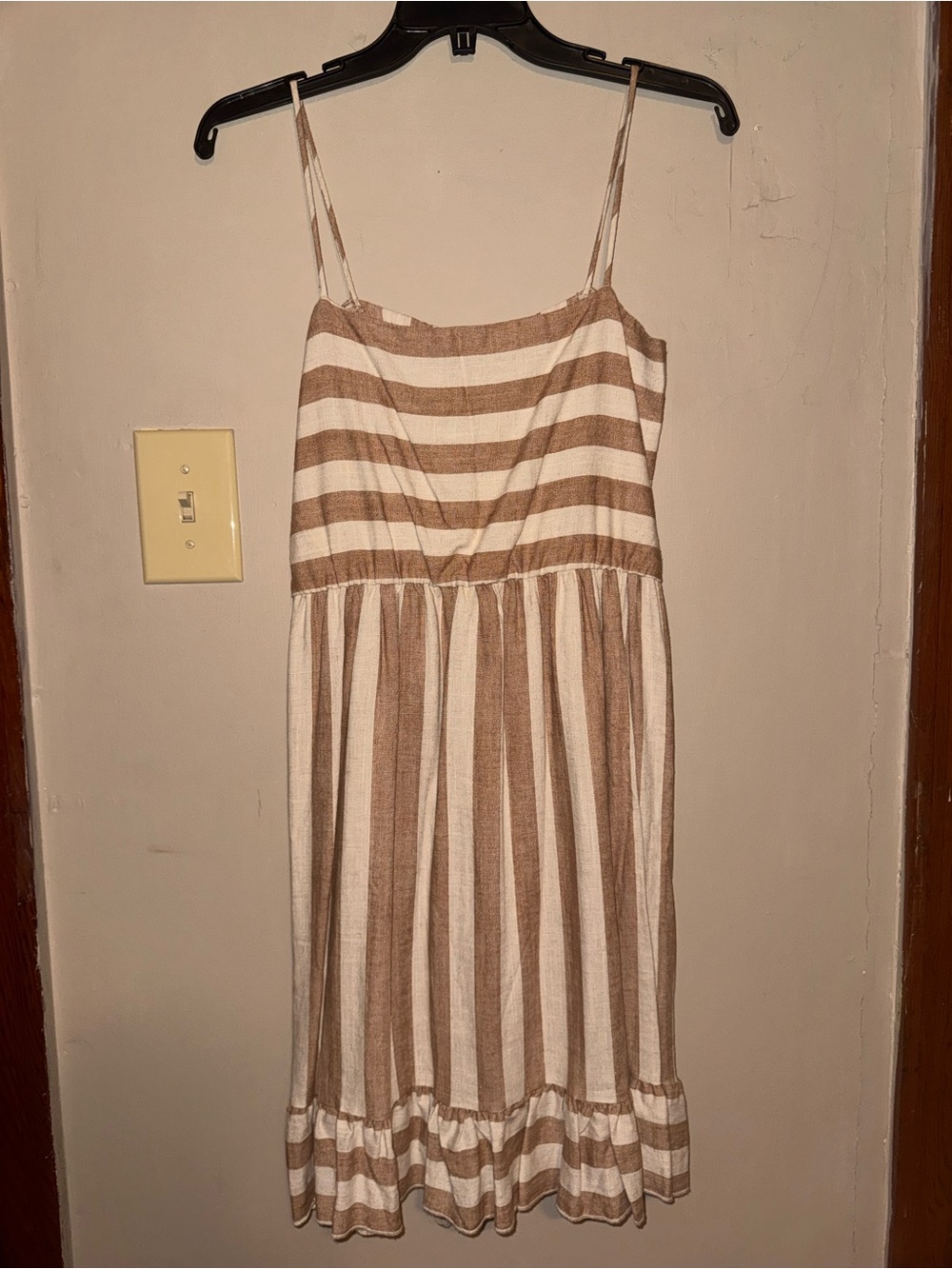 Striped Spaghetti Strap Casual Dress in Beige and White